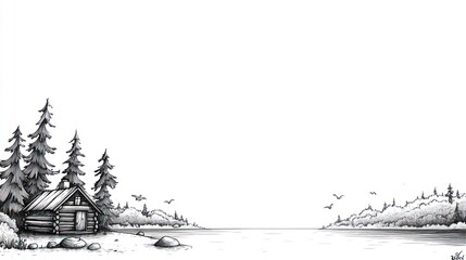 Obraz premium A hand-drawn illustration of a small wooden cabin nestled in a forest by a lake.