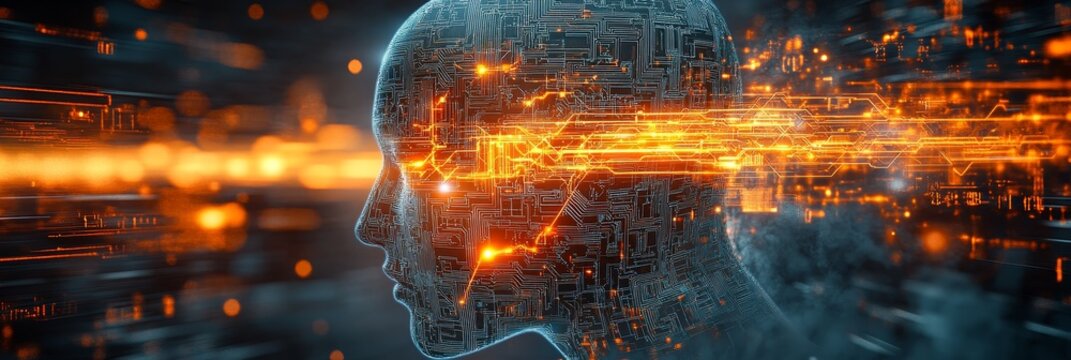 Digital Head With Glowing Circuit Patterns And Futuristic Lights Streaks, Technology Design