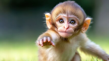 Playful baby monkey enjoys a sunny day in a grassy meadow