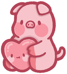 cute pig sitting and holding a pink heart for Valentine's Day