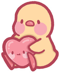cute chicken sitting and holding a pink heart for Valentine's Day