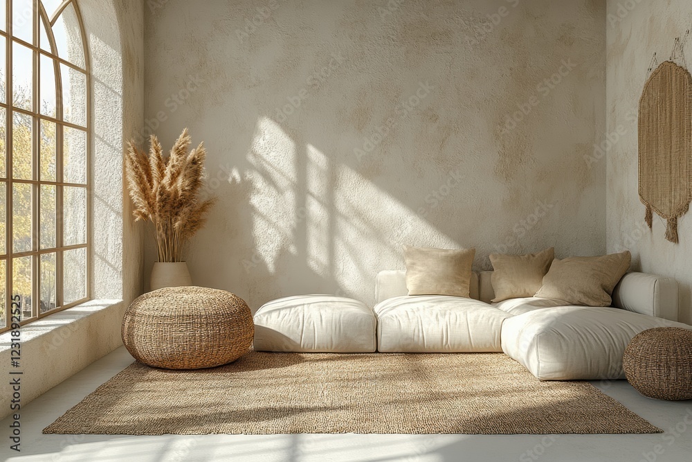Poster a serene and inviting living space with natural light streaming through large windows, featuring a c