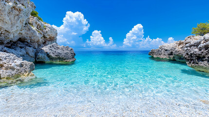 Fototapeta premium Secluded cove, turquoise water, sunny day, pebble beach, summer vacation