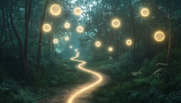 A spiritual path winding through an enchanted forest with glowing orbs of light floating above guiding the way