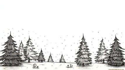 Fototapeta premium A hand-drawn illustration of a snowy forest with a white background.