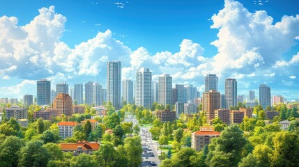 Naklejka premium Sunny Cityscape, Green Park Avenue, Blue Sky, Urban Landscape, Summer