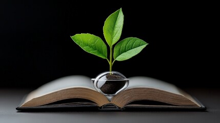 Sprout of Knowledge: A vibrant green sprout emerges from a soil-filled bulb resting on the pages of an old book, symbolizing the growth of knowledge, wisdom, and the continuous pursuit of learning.