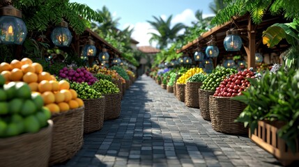 Obraz premium Vibrant fruit market scene tropical location photographic capture sunny environment eye-level perspective fresh produce focus