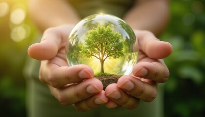 Hands Holding Globe with Tree Symbolizing Nature Conservation Efforts