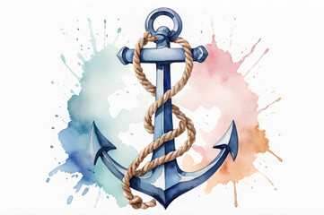Watercolor illustration of an anchor with paint splatter on a white background