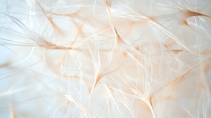 Close-up of delicate dandelion seeds with soft focus and a dreamy blurred background in pastel tones.