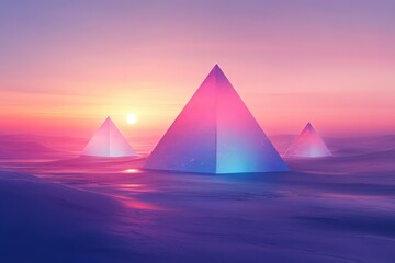 A surreal landscape where geometric shapes float above a desert with a twilight sky in the background. The scene features vibrant colors and a sense of otherworldly balance.