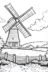 Fototapeta premium A hand-drawn illustration of a windmill on a hill with clouds, a fence, and grass.
