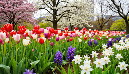 Colorful tulip garden blooming in springtime