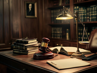 A judge's gavel, law books, and scales of justice are neatly arranged on a desk in a lawyer's office, creating a professional and authoritative atmosphere