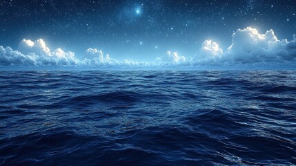 Fototapeta premium Starry Night Ocean, Cloudscape, Calm Sea, Night Sky, Background, Fantasy