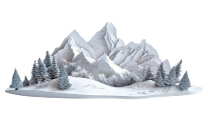 Snowy mountains rising above a winter wonderland with pine trees on transparent background