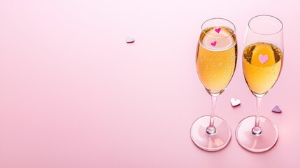 A champagne toast emoji with hearts, isolated on a pink background with space for text.