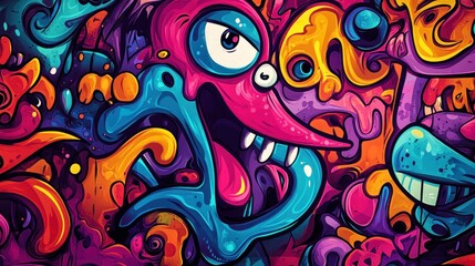 Naklejka premium Vibrant cartoon monster doodle art.