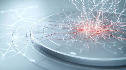Futuristic digital neural network concept, interconnected nodes emitting light over a circular interface.