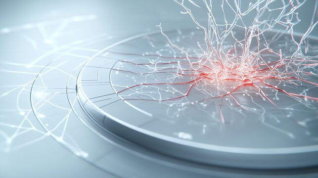Futuristic digital neural network concept, interconnected nodes emitting light over a circular interface.