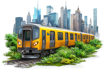 Obraz premium Cityscape train, yellow subway car, urban green space.