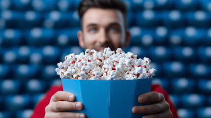 Man with a blue popcorn bucket enjoys movie tips in front of blurred cinema seats