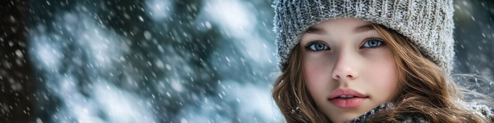 A woman wearing a hat and scarf braves the snow, great for winter or cold weather scenes