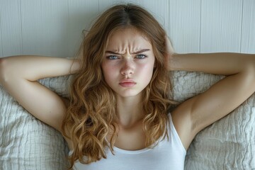 Naklejka premium Anger Woman using pillow close her ears avoid noisy sound disturb from outdoors