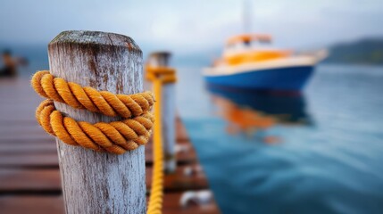 Weathered dock and a boat wrapped in morning fog near the shoreline