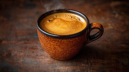 Steaming espresso, dark wood, cafe, morning