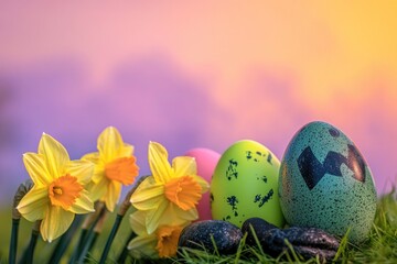 Group of Easter eggs siting on a lush green field, ideal for spring or Easter themed projects