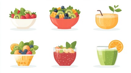 Refreshing fruit bowls and juices displayed on white background healthy snack ideas vibrant colors