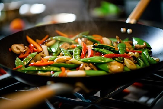 Close up view of colorful steamed vegetables fried in a frying pan mixed Generative AI