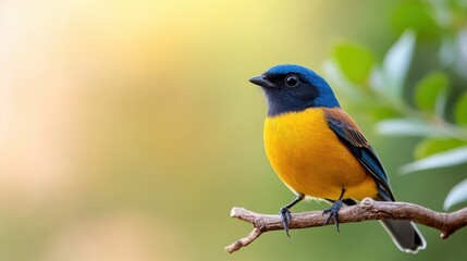Fototapeta premium Vivid blue tropical birds perched on a vibrant green tree branch