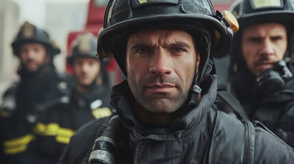 Firefighters display teamwork and bravery in front of fire truck