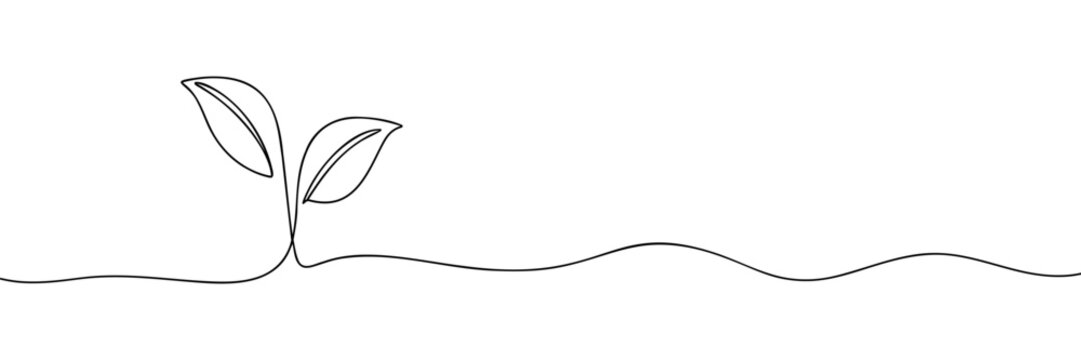 Growing plant, sprout leaves in one continuous line drawing. Creative concept of renewable green energy and environmental friendly sources. Doodle vector illustration
