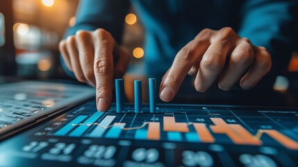 Fototapeta premium A person is pointing at a graph on a computer screen. The graph shows a downward trend. The person is using a stylus to point at the graph