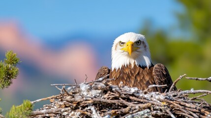 Eagle guardianship atop a majestic cliff on a sunny day