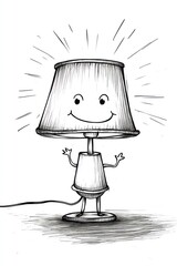 A happy lamp with a smiling face, standing on a base with arms outstretched, shining light.