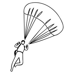 continuous single drawn single line man jumps with a parachute. hand-drawn picture silhouette. line art doodle