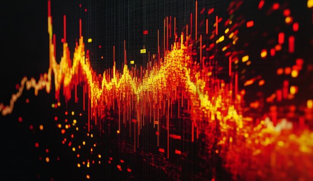 Abstract fiery orange and red data wave graph on dark background.