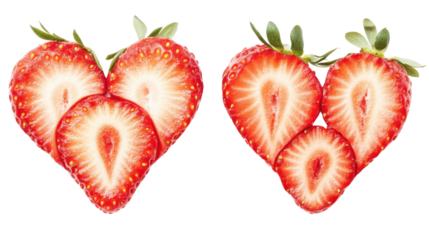 Sliced strawberries forming two hearts on transparent background