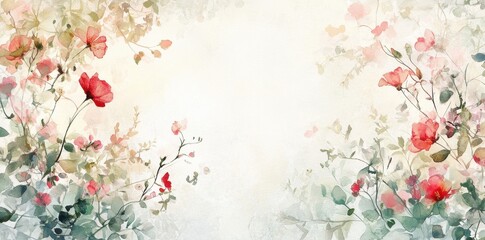 Delicate Watercolor Painting of Red Flowers and Greenery