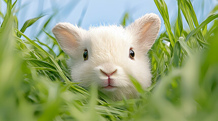 Cute white bunny hiding in spring grass, outdoor