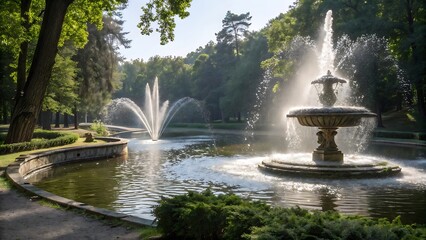 Elegant Fountain in a Blooming Garden Landscape