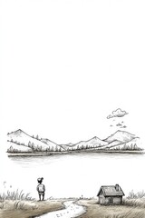 Obraz premium A lone figure stands by a river leading to a small cottage with mountains and a lake in the background.