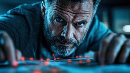 Fototapeta premium An intense man with a beard maps out connections on a board, representing the psychological journey involved in solving complex problems and uncovering hidden relationships.