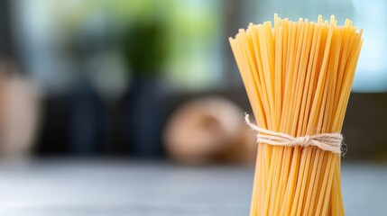 Delicate spaghetti pasta bundle ready for cooking on white background