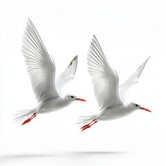Obraz premium Two white birds in flight, wings spread wide.